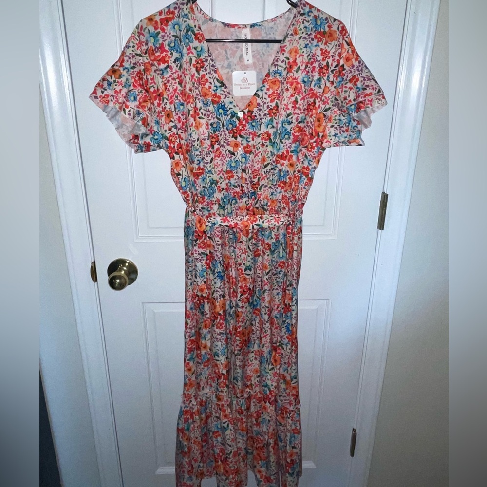 Tickled Teal Pink and Blue Flutter Sleeve Maxi Sundress